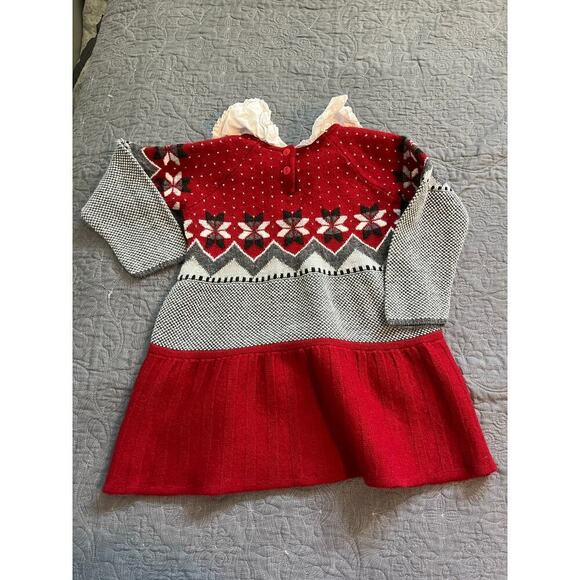 Foque Christmas dress red wool blend fair isle collared girls size small - Picture 6 of 9
